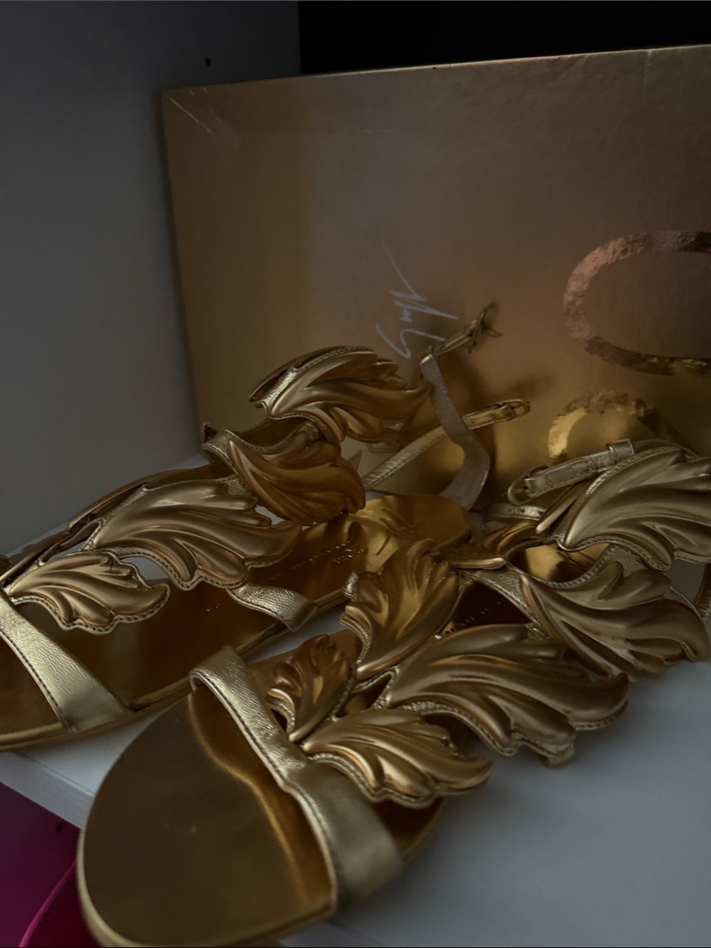 Giuseppe Zanotti Metallic Gold Leaf Appliqué Sandals